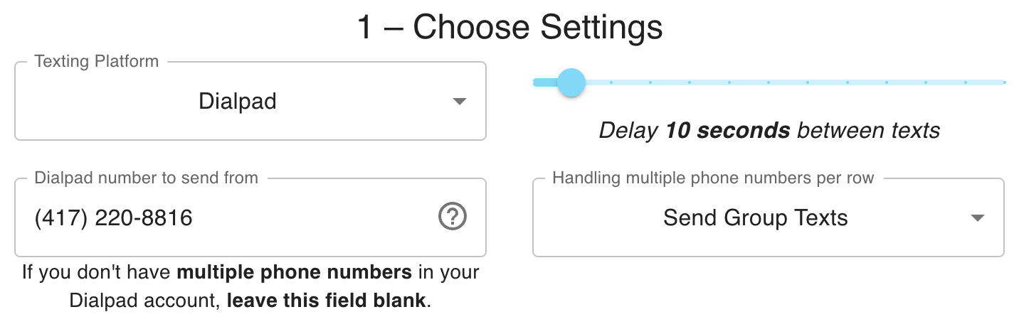 Bulk Texter Pro settings step: choosing a texting platform, phone number, and delay between texts