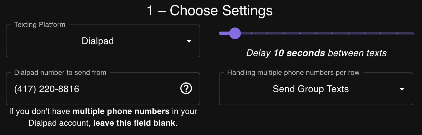Bulk Texter Pro settings step: choosing a texting platform, phone number, and delay between texts