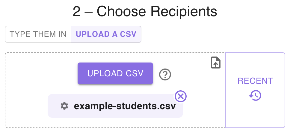 Bulk Texter Pro recipients step: uploading a CSV of students to text