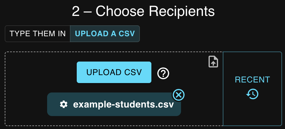 Bulk Texter Pro recipients step: uploading a CSV of students to text