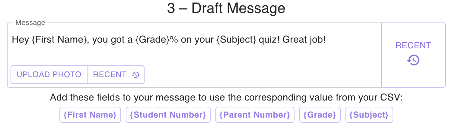 Bulk Texter Pro draft step: writing a message template with merge fields