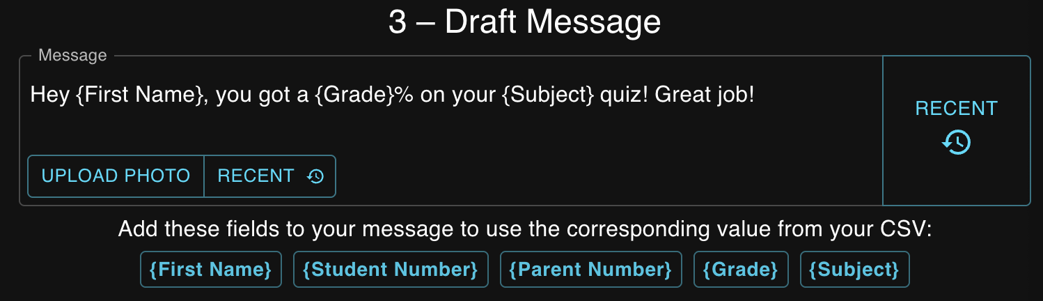 Bulk Texter Pro draft step: writing a message template with merge fields