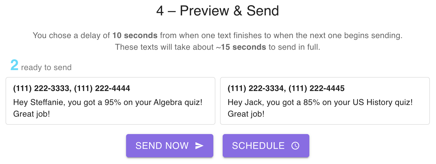 Bulk Texter Pro preview step: reviewing each personalized text before sending