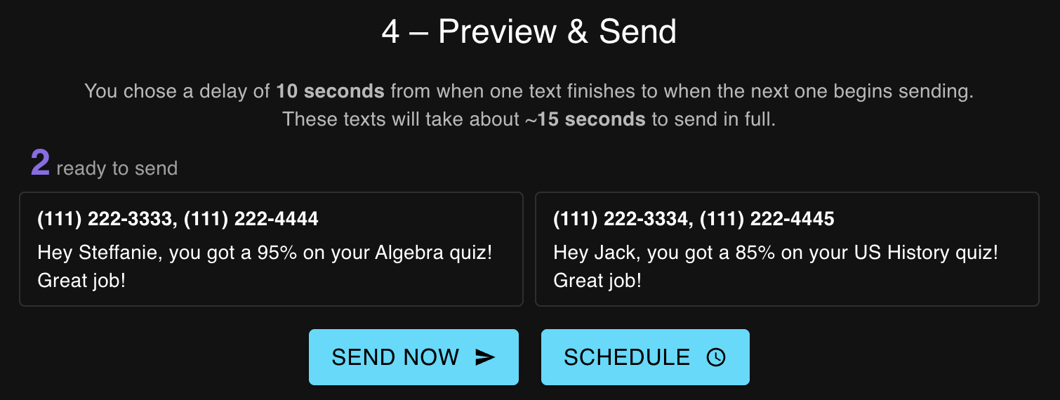 Bulk Texter Pro preview step: reviewing each personalized text before sending