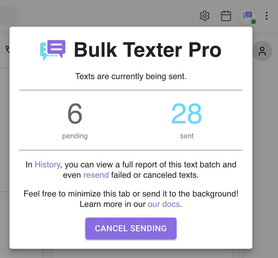 Bulk Texter Pro live progress report showing texts being sent