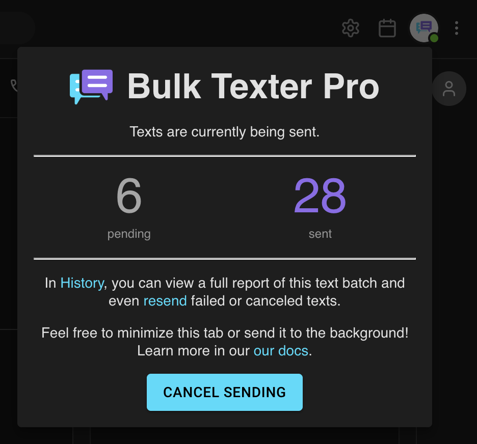 Bulk Texter Pro live progress report showing texts being sent