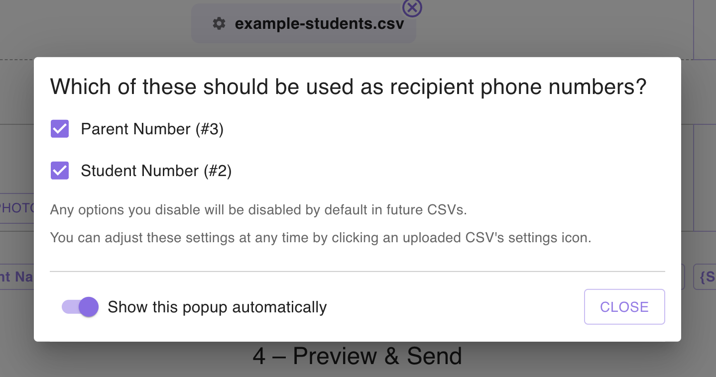 Choosing which phone number columns to use as recipients